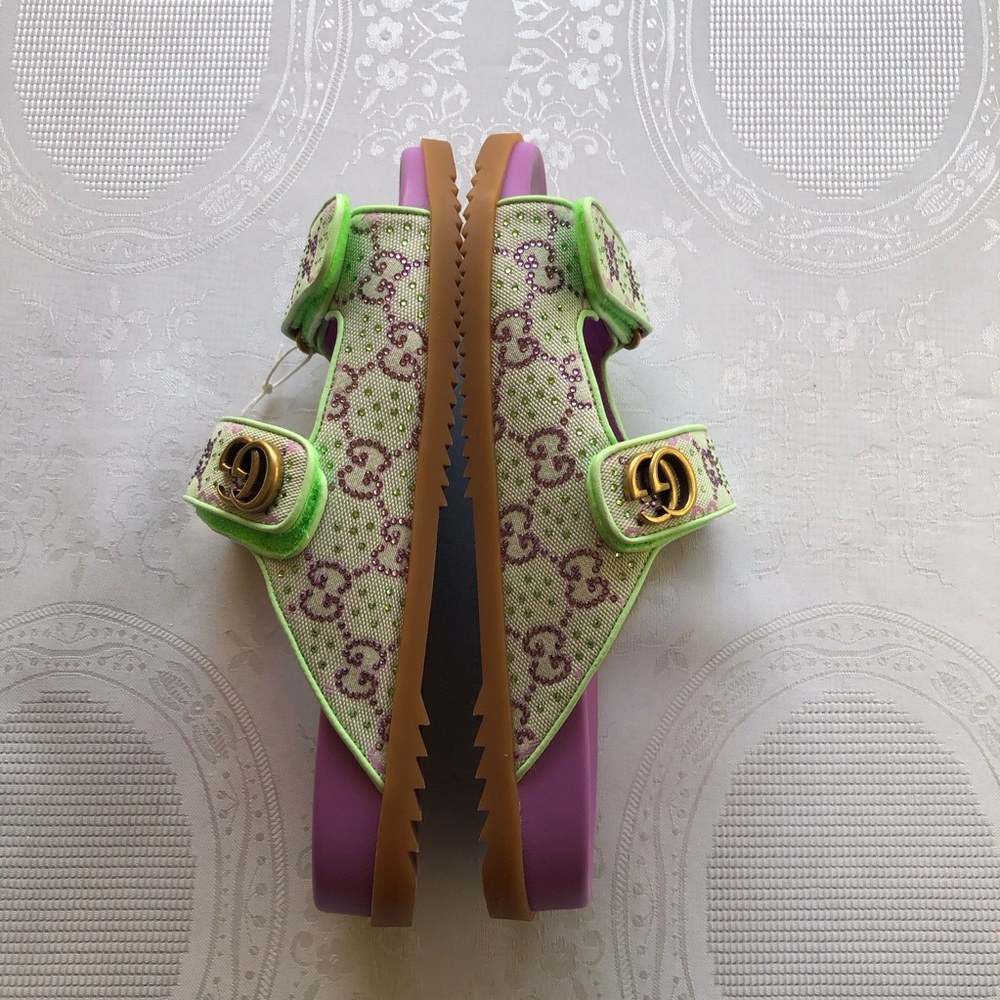 Gucci Crystal Canvas Purple/Lime GG Slides Sandals Women’s Size 39+ US-9 Shoes - Picture 11 of 14